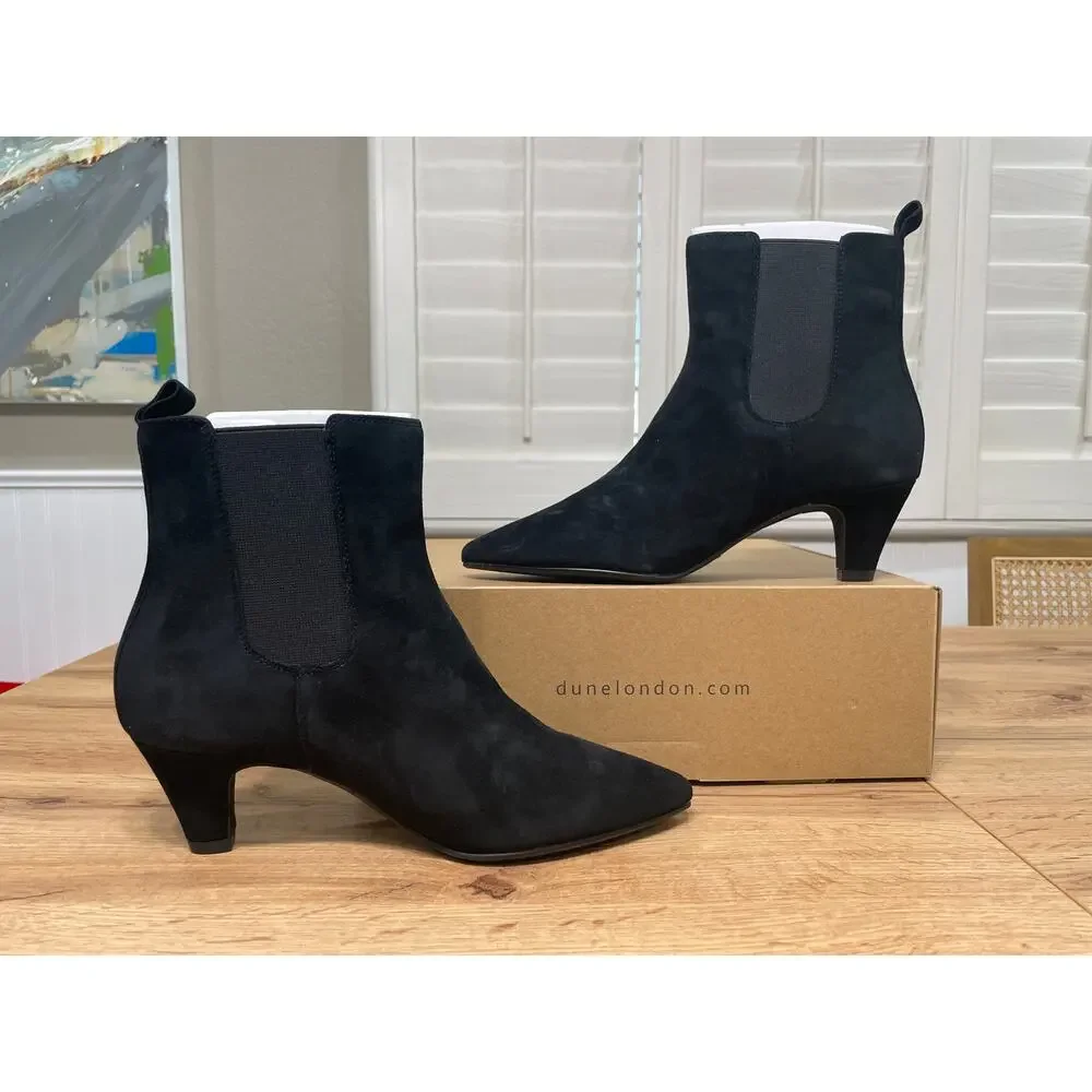 Dune London Comfort Kitten Chelsea Ankle Boot Black Suede Sz 7.5/8 US 38 EU NIB